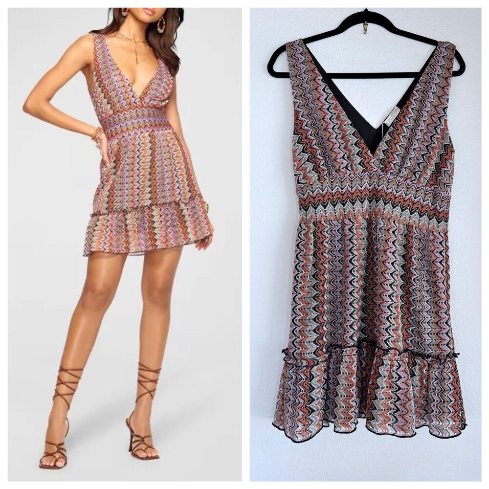 NWT Ramy Brook Zig-Zag Cami V-Neck Ruffle Mini Dress in Soho Multi Size 6